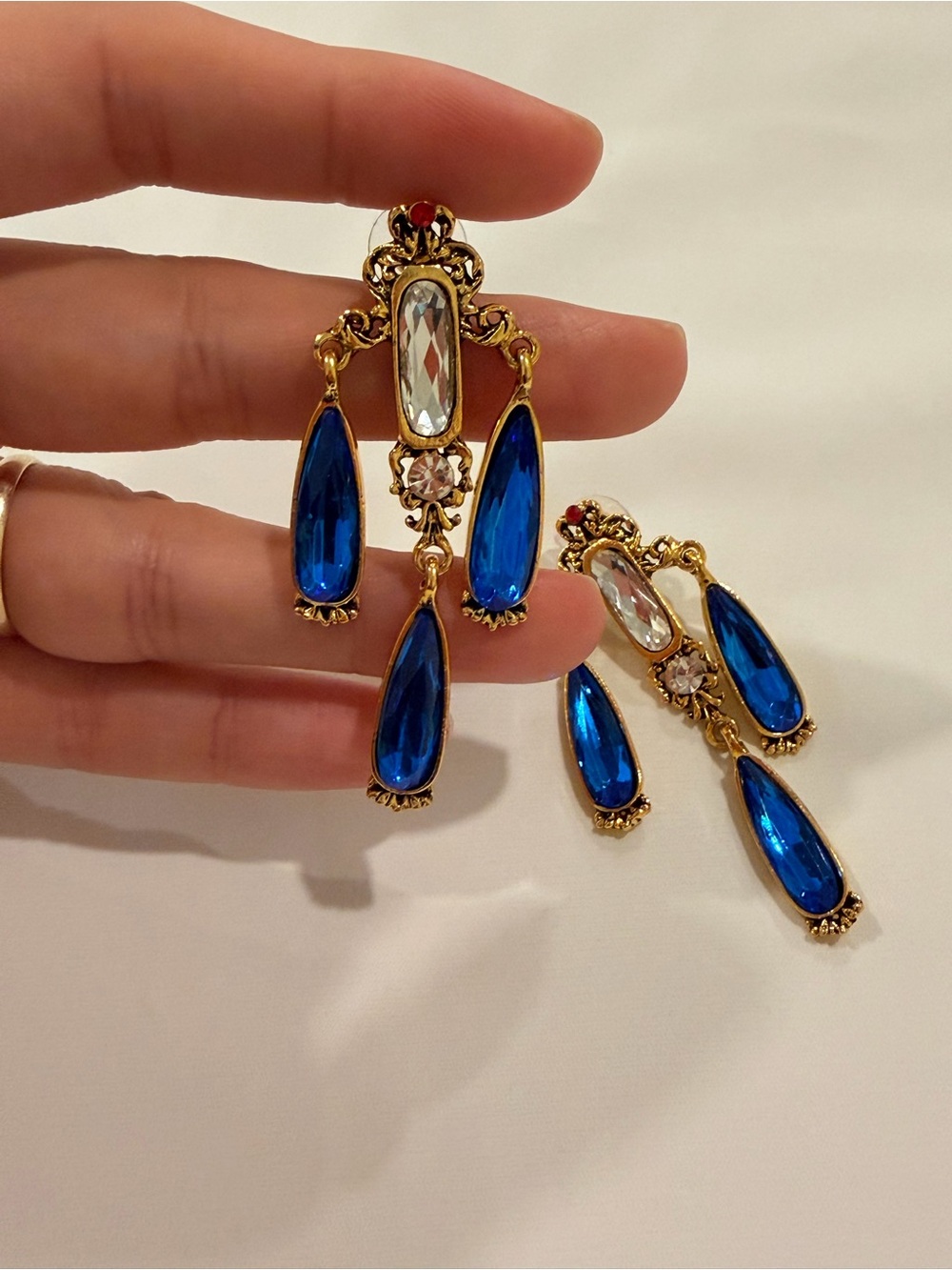 Gold-Tone Earrings with Deep Blue and Clear Stones - Picture 4 of 7